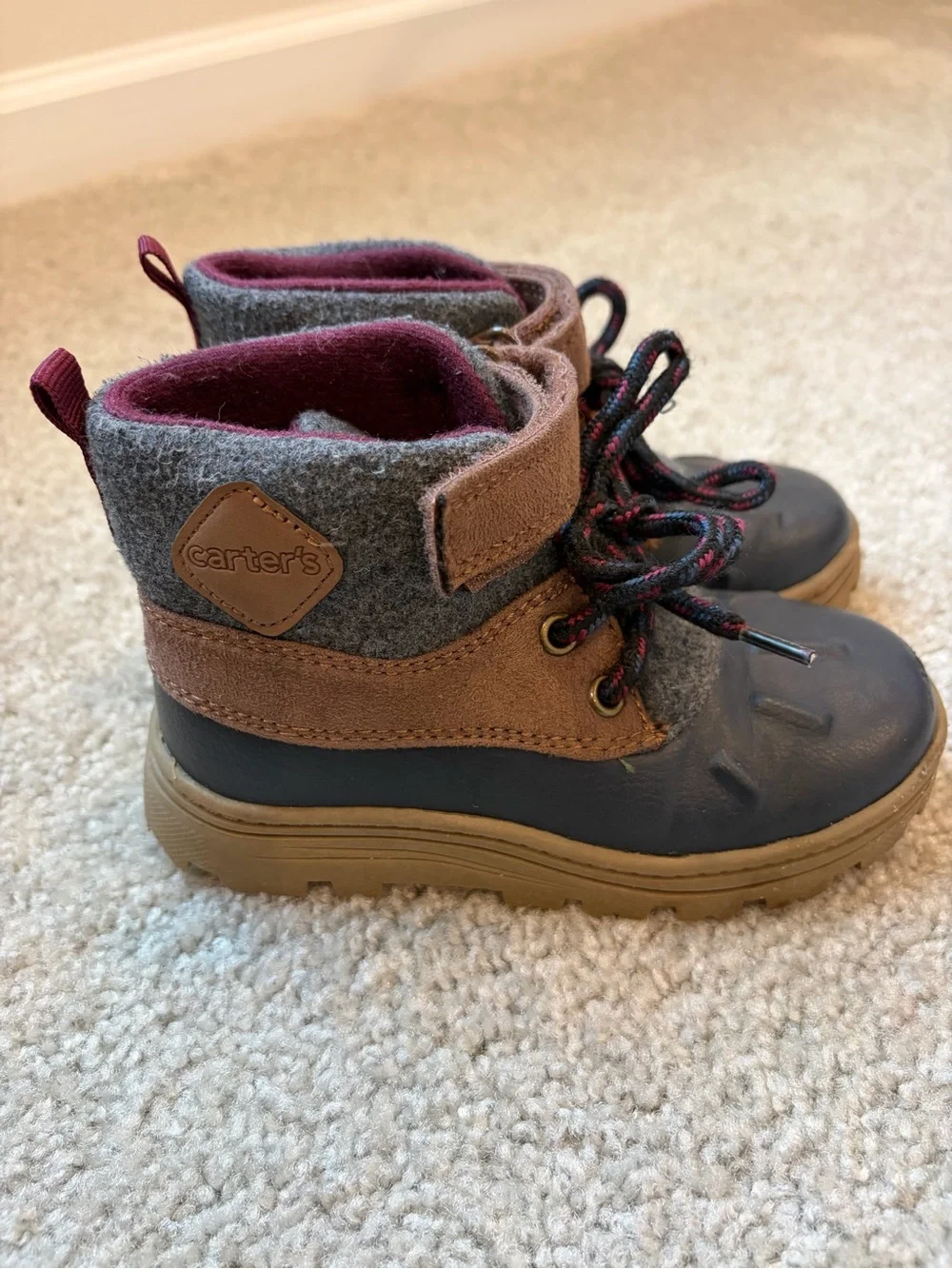 Carter's Navy Blue and Brown Toddler Winter Duck Boots with Gray Felt Cuff